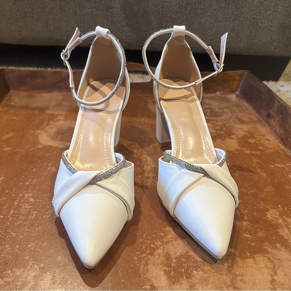 White Block Bridal Heels with Rhinestones
